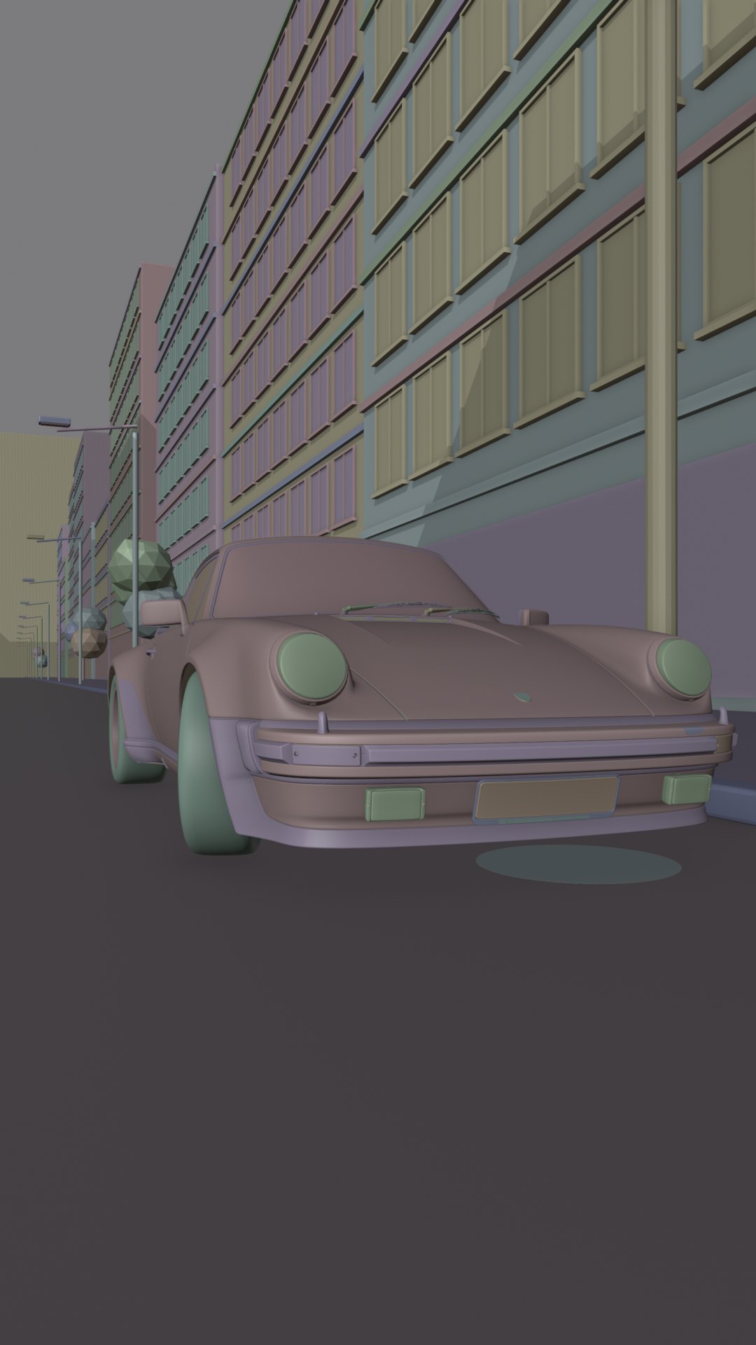 The same frame in the Blender viewport, flat colors