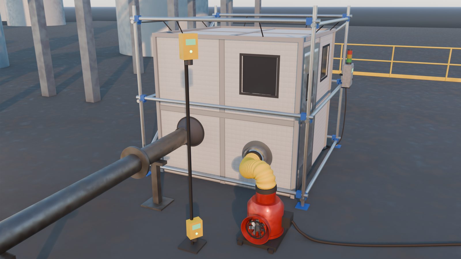 The habitat sealed around the pipe with the blower attached